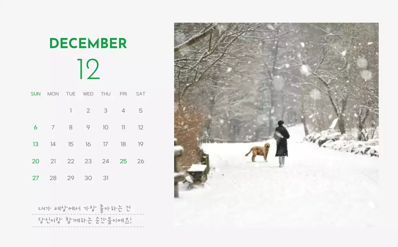 초록색 포인트 컬러에 강아지 사진과 귀여운 메시지가 있는 달력