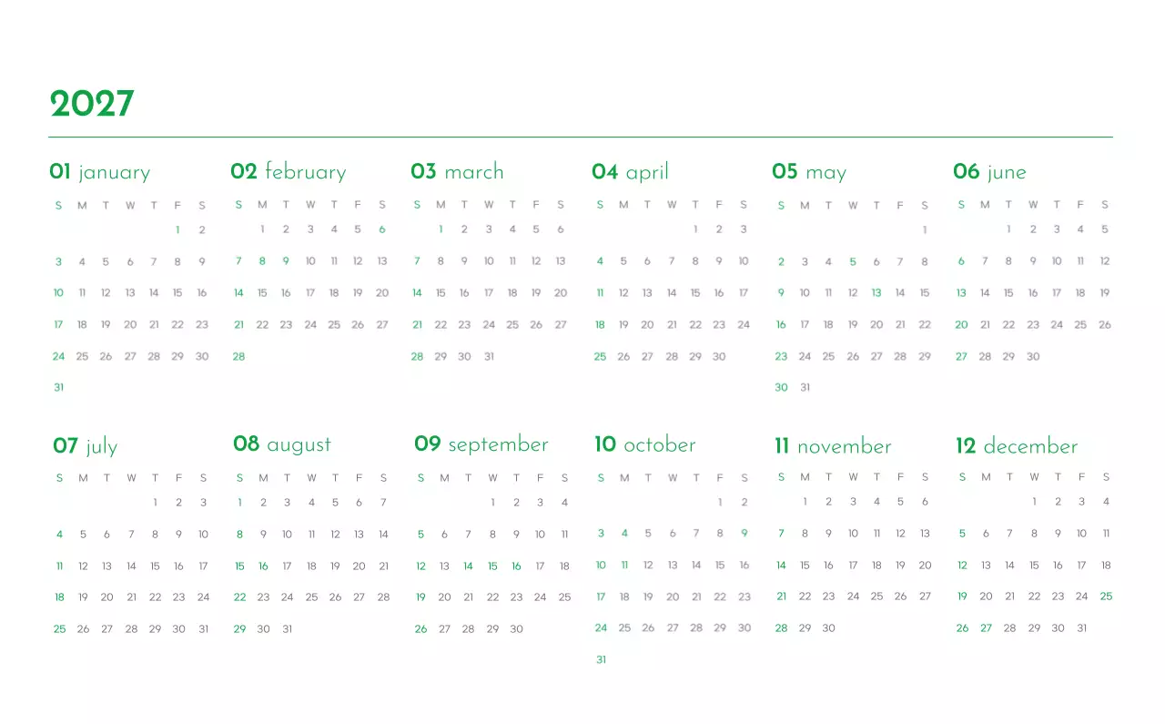 초록색 포인트 컬러에 강아지 사진과 귀여운 메시지가 있는 달력