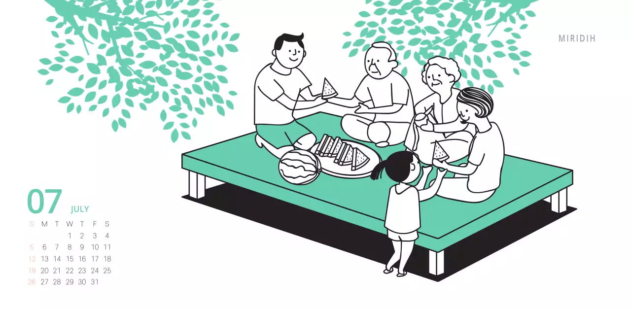 귀여운 일러스트 초록색 가족테마 탁상달력