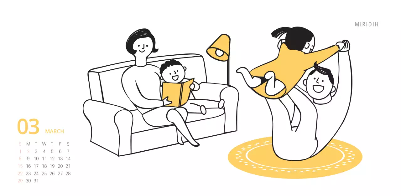 귀여운 일러스트 초록색 가족테마 탁상달력