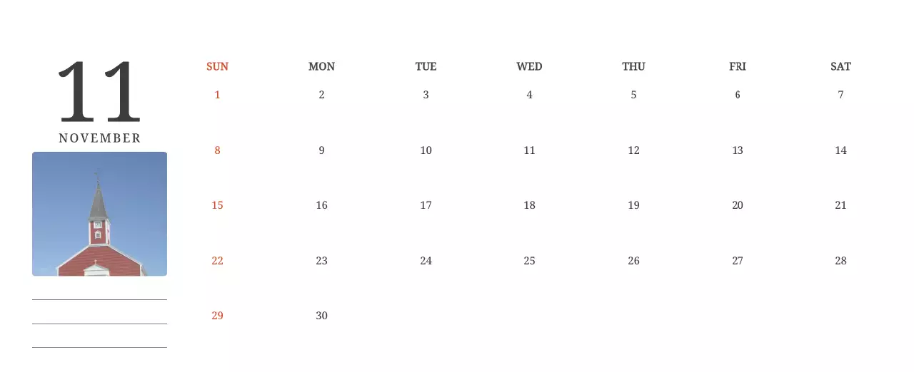 풍경 속 교회가 돋보이는 사진들로 이루어진 달력