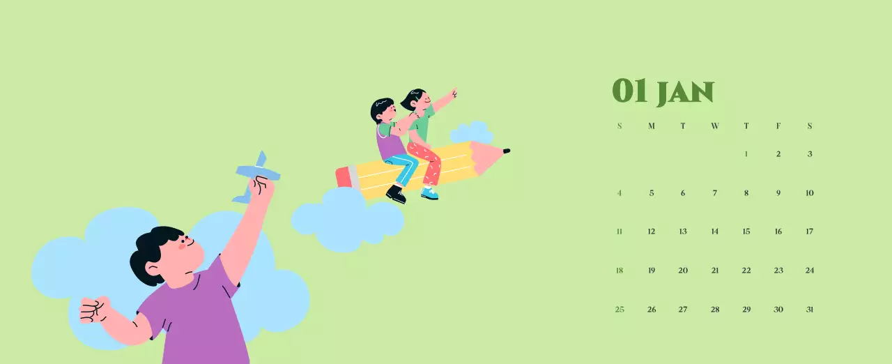 옐로우와 그린 배경에 청소년 일러스트가 담긴 달력