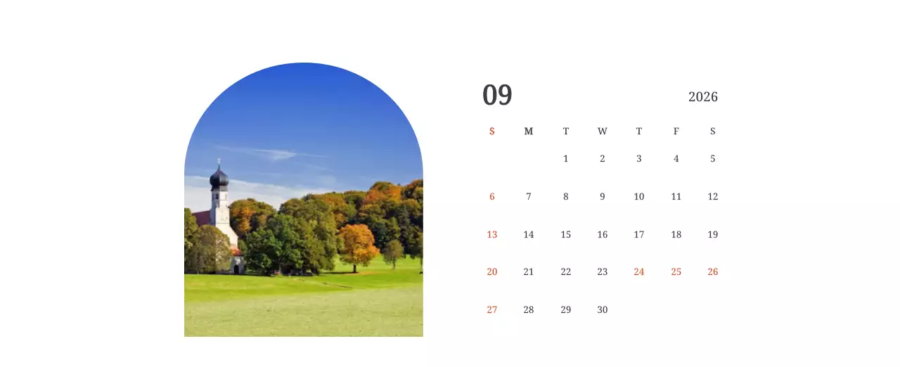 풍경 속 교회가 돋보이는 사진들로 이루어진 달력