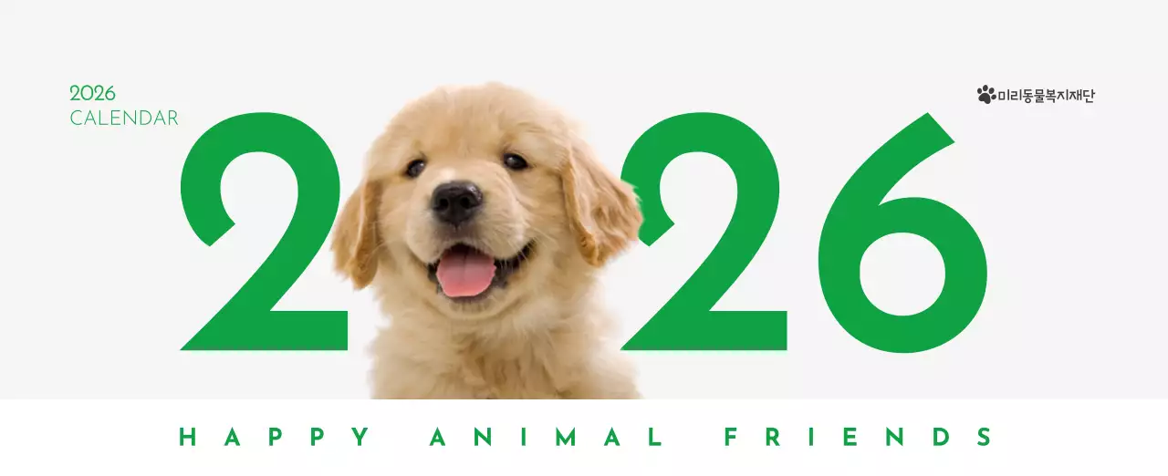 초록색 포인트 컬러에 강아지 사진과 귀여운 메시지가 있는 달력