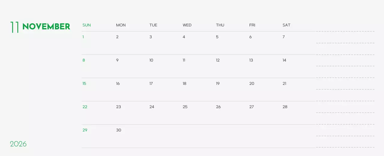 초록색 포인트 컬러에 강아지 사진과 귀여운 메시지가 있는 달력