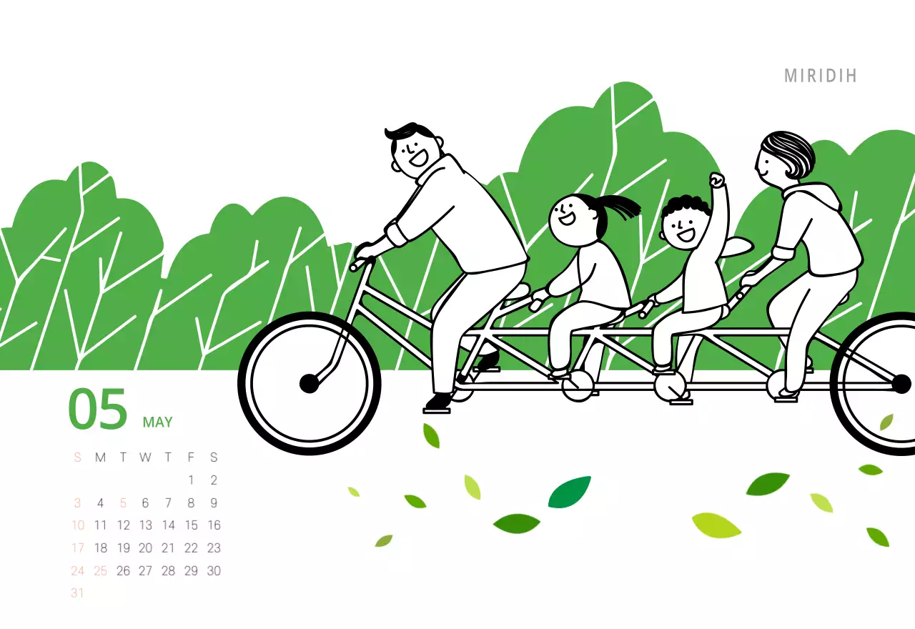 귀여운 일러스트 초록색 가족테마 탁상달력