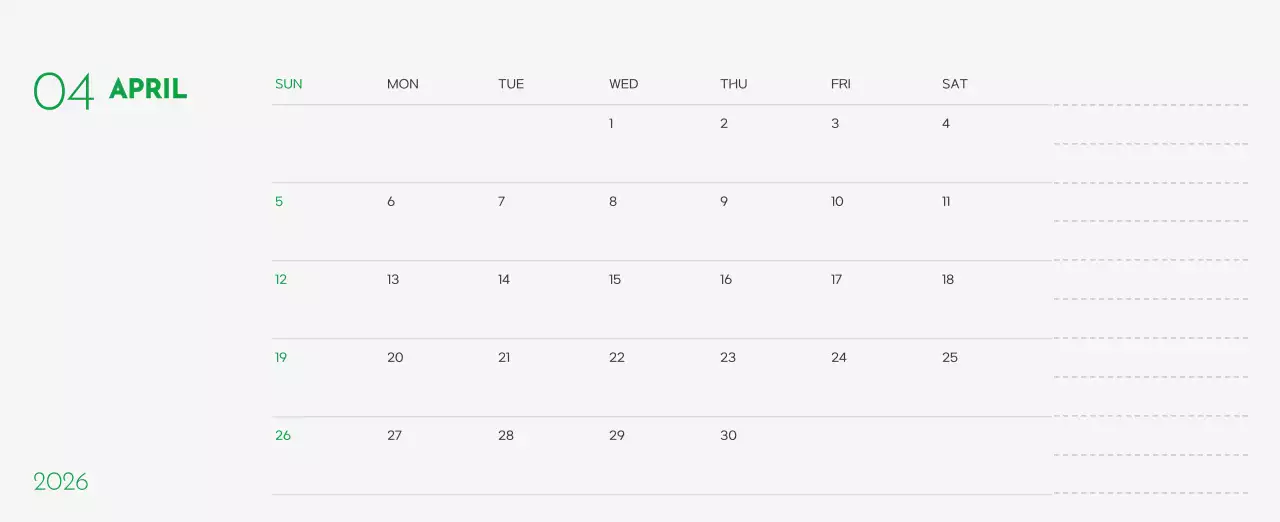 초록색 포인트 컬러에 강아지 사진과 귀여운 메시지가 있는 달력