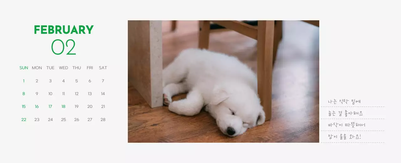 초록색 포인트 컬러에 강아지 사진과 귀여운 메시지가 있는 달력