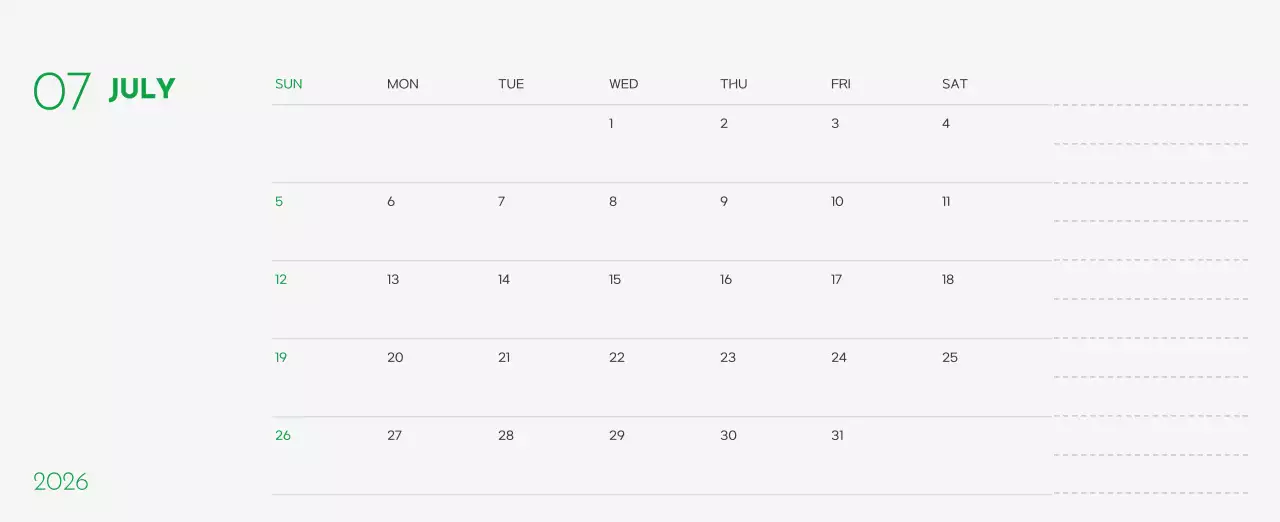초록색 포인트 컬러에 강아지 사진과 귀여운 메시지가 있는 달력