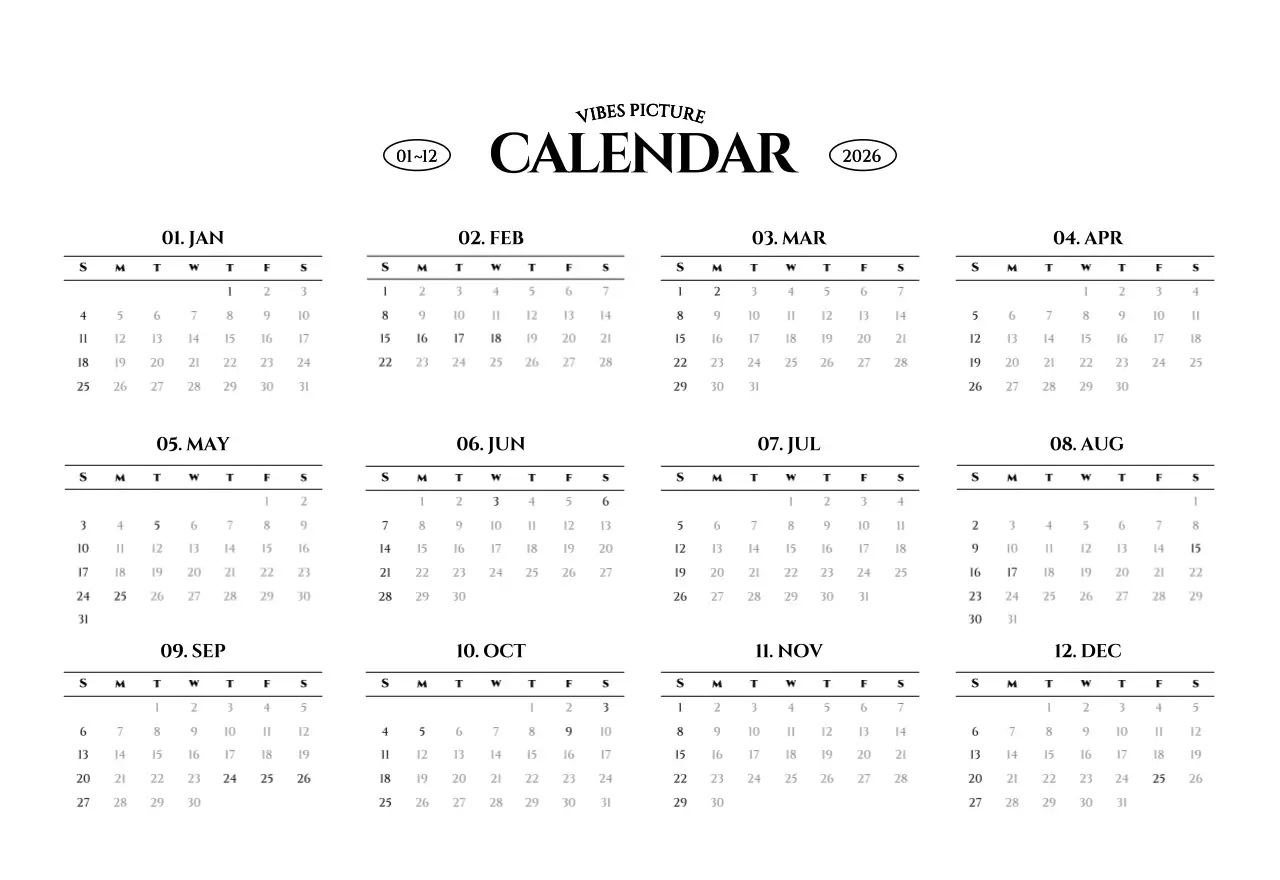 흑백 감성적인 여행 사진 컨셉의 심플한 스타일 벽걸이 달력