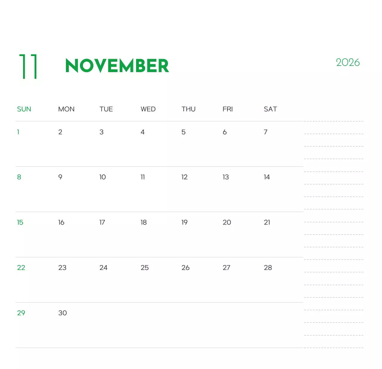 초록색 포인트 컬러에 강아지 사진과 귀여운 메시지가 있는 달력