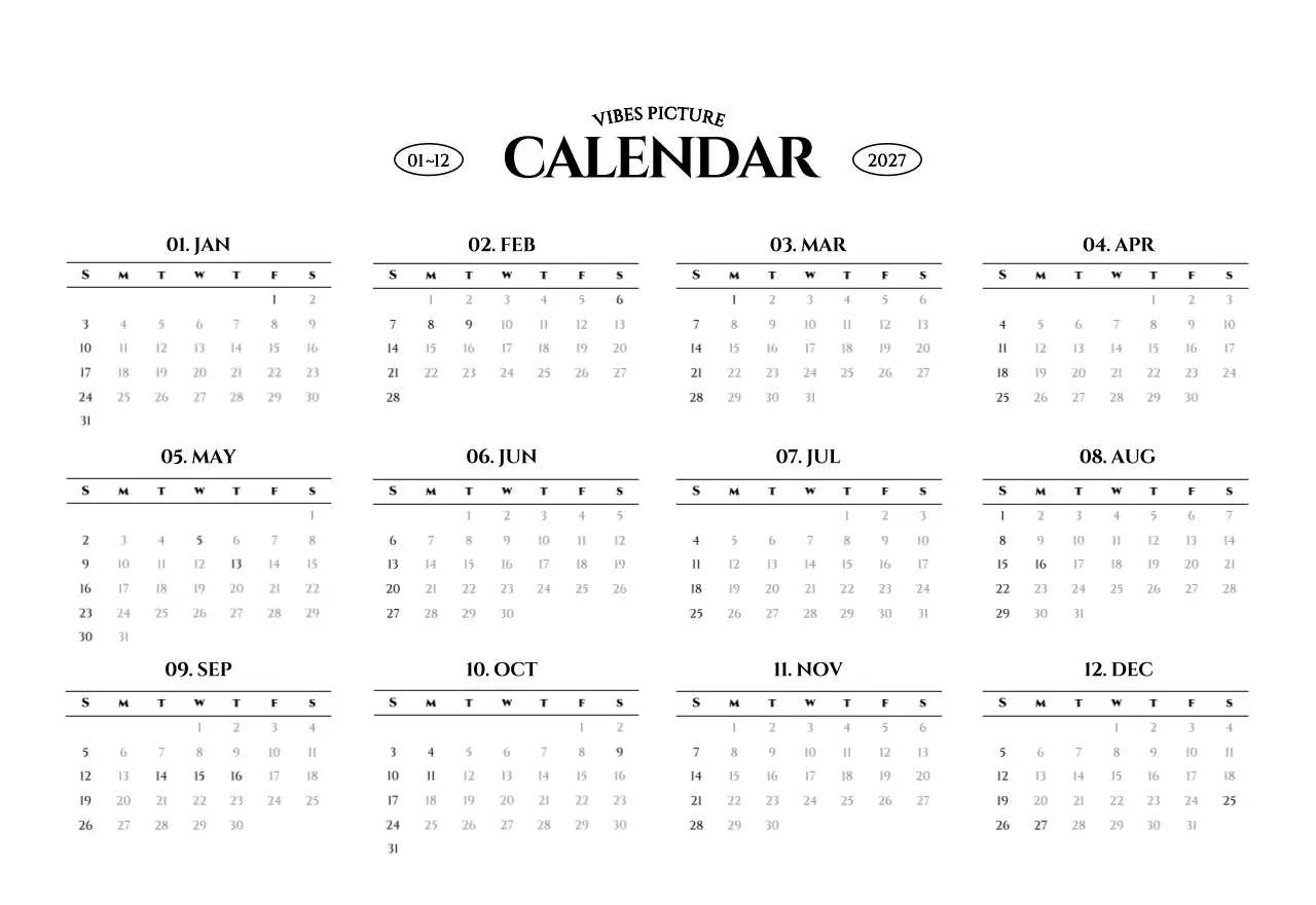 흑백 감성적인 여행 사진 컨셉의 심플한 스타일 벽걸이 달력