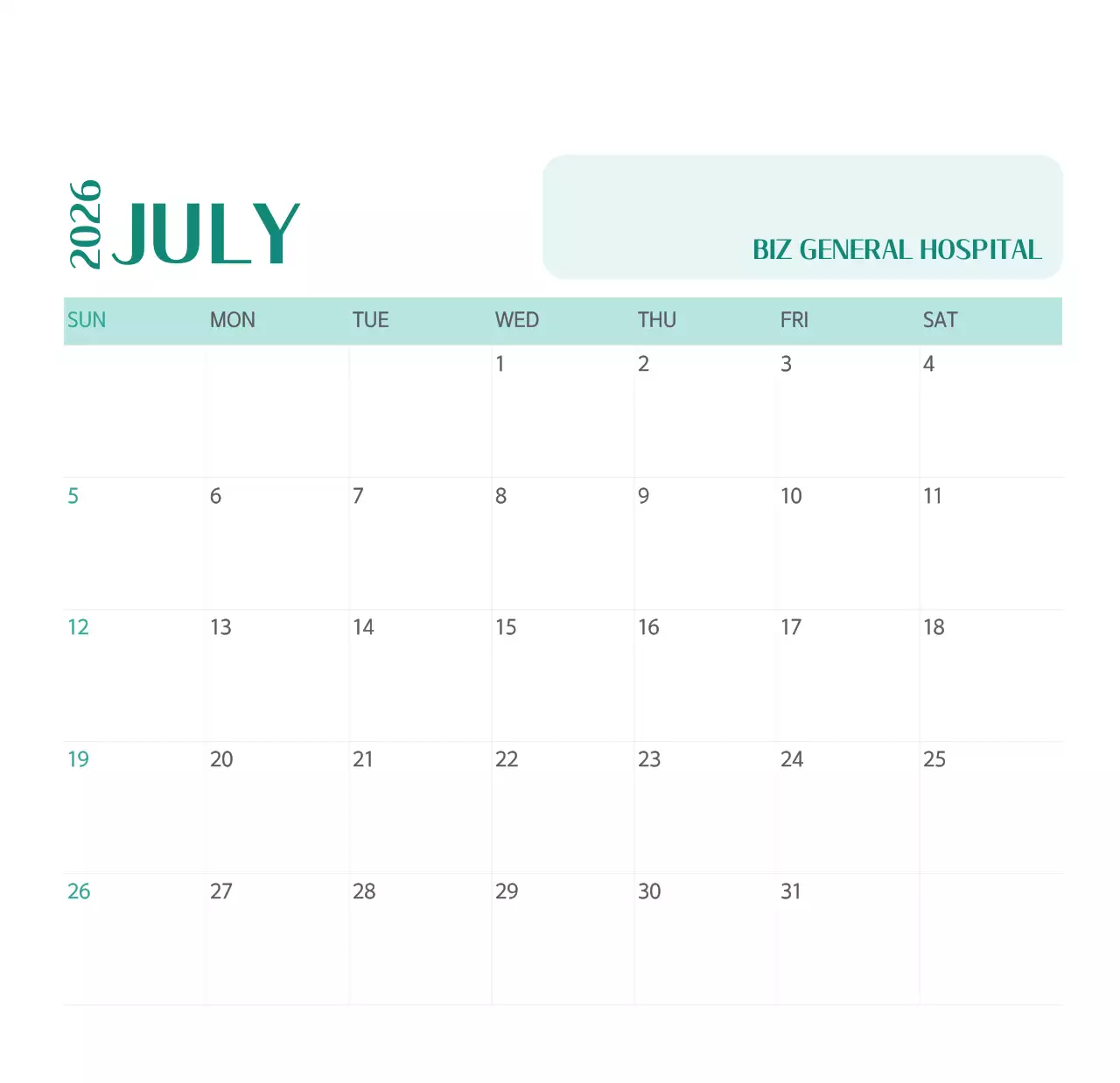 녹색 사진 프레임의 병원 달력