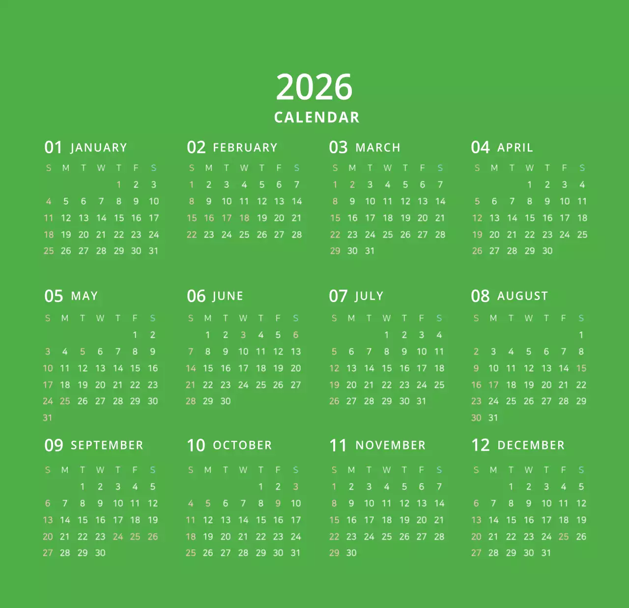 귀여운 일러스트 초록색 가족테마 탁상달력