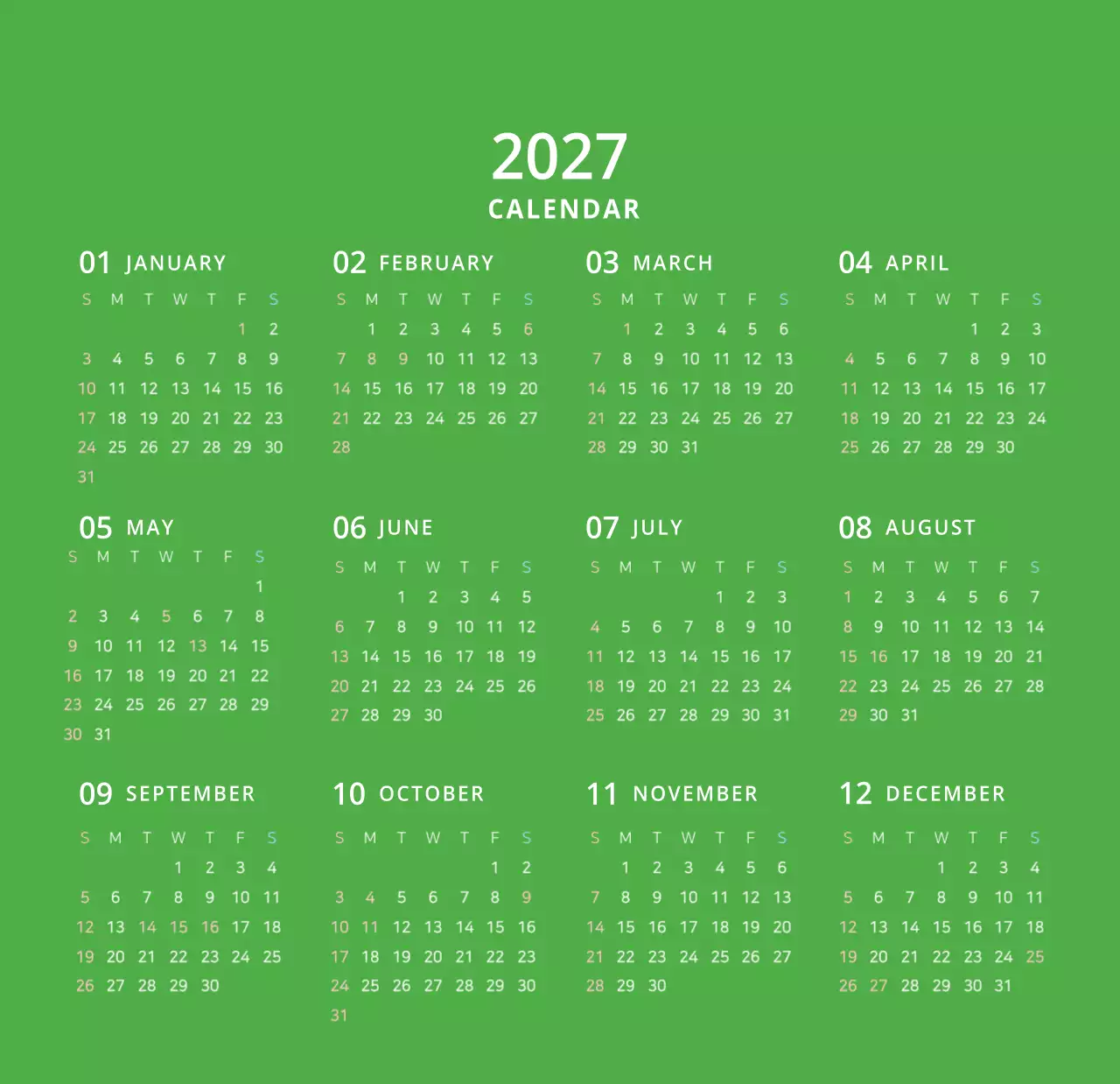 귀여운 일러스트 초록색 가족테마 탁상달력