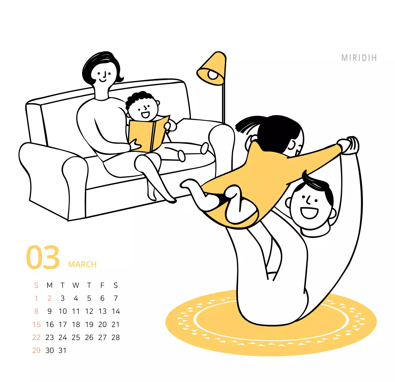 귀여운 일러스트 초록색 가족테마 탁상달력