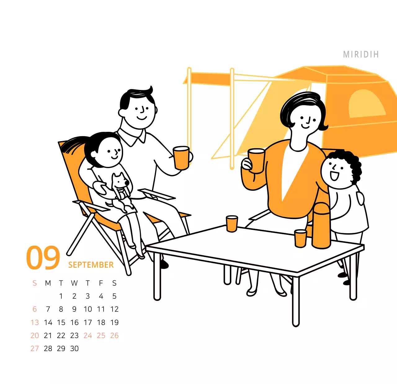 귀여운 일러스트 초록색 가족테마 탁상달력