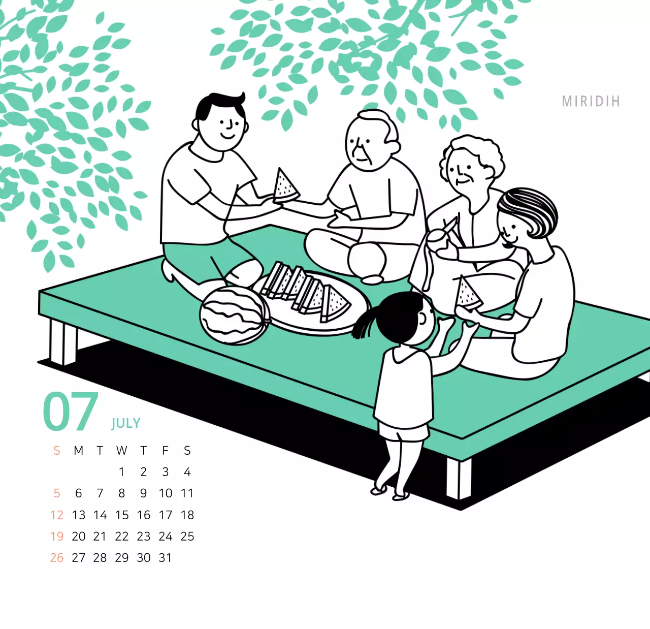 귀여운 일러스트 초록색 가족테마 탁상달력