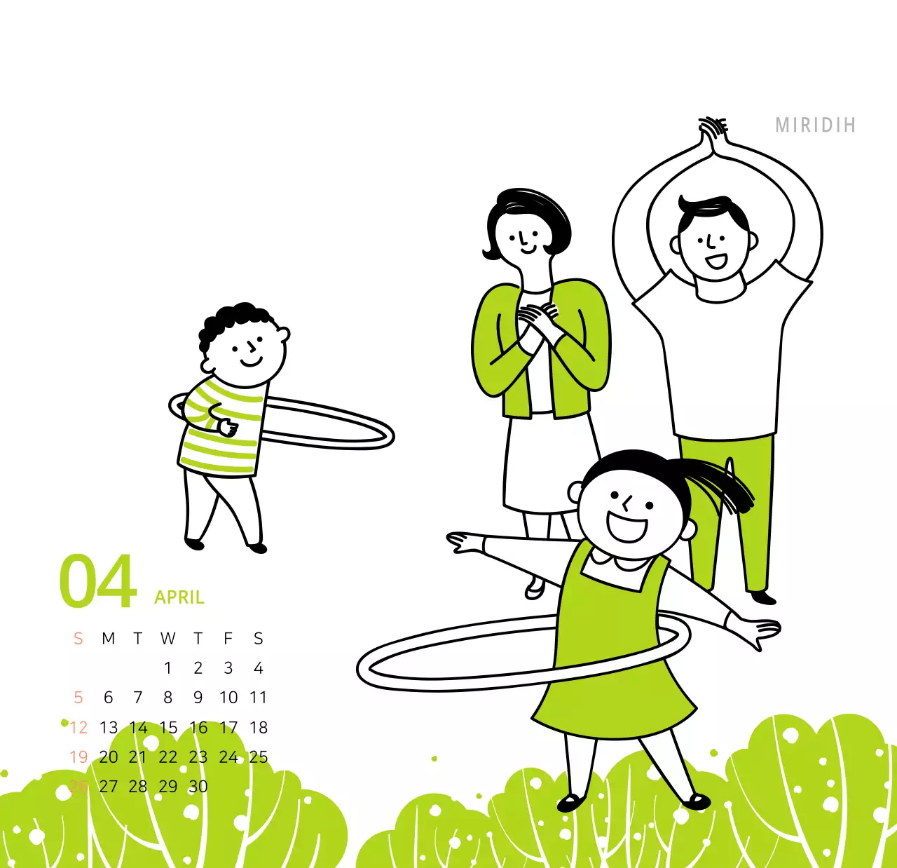 귀여운 일러스트 초록색 가족테마 탁상달력