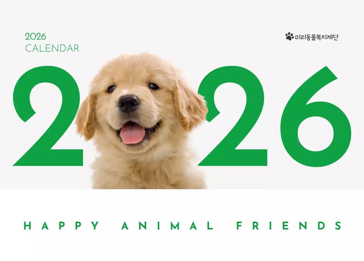 초록색 포인트 컬러에 강아지 사진과 귀여운 메시지가 있는 달력