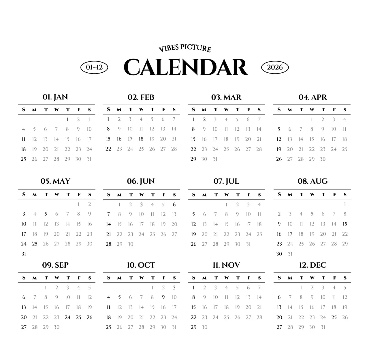 흑백 감성적인 여행 사진 컨셉의 심플한 스타일 벽걸이 달력