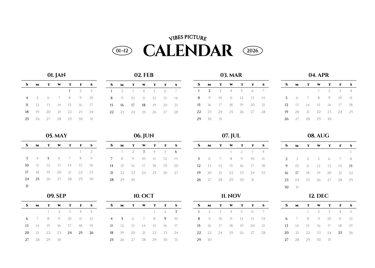 흑백 감성적인 여행 사진 컨셉의 심플한 스타일 벽걸이 달력