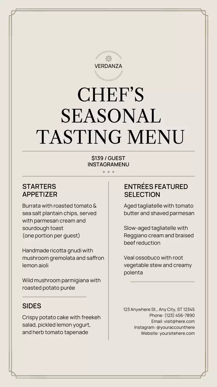 Publicação no Instagram sobre o anúncio do menu elegante bege