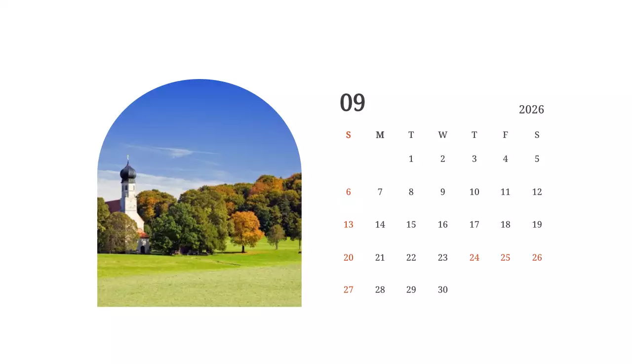 풍경 속 교회가 돋보이는 사진들로 이루어진 달력