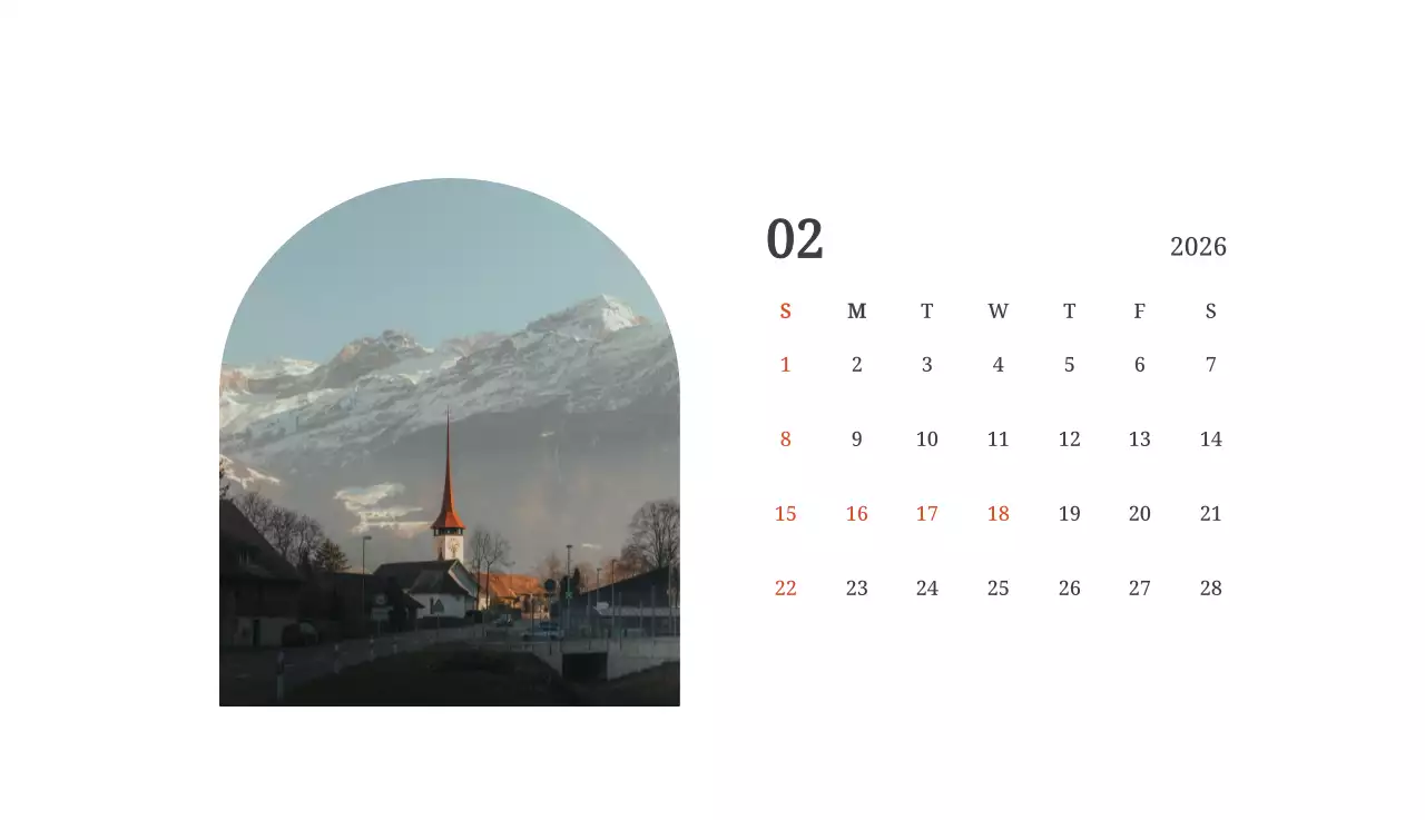 풍경 속 교회가 돋보이는 사진들로 이루어진 달력