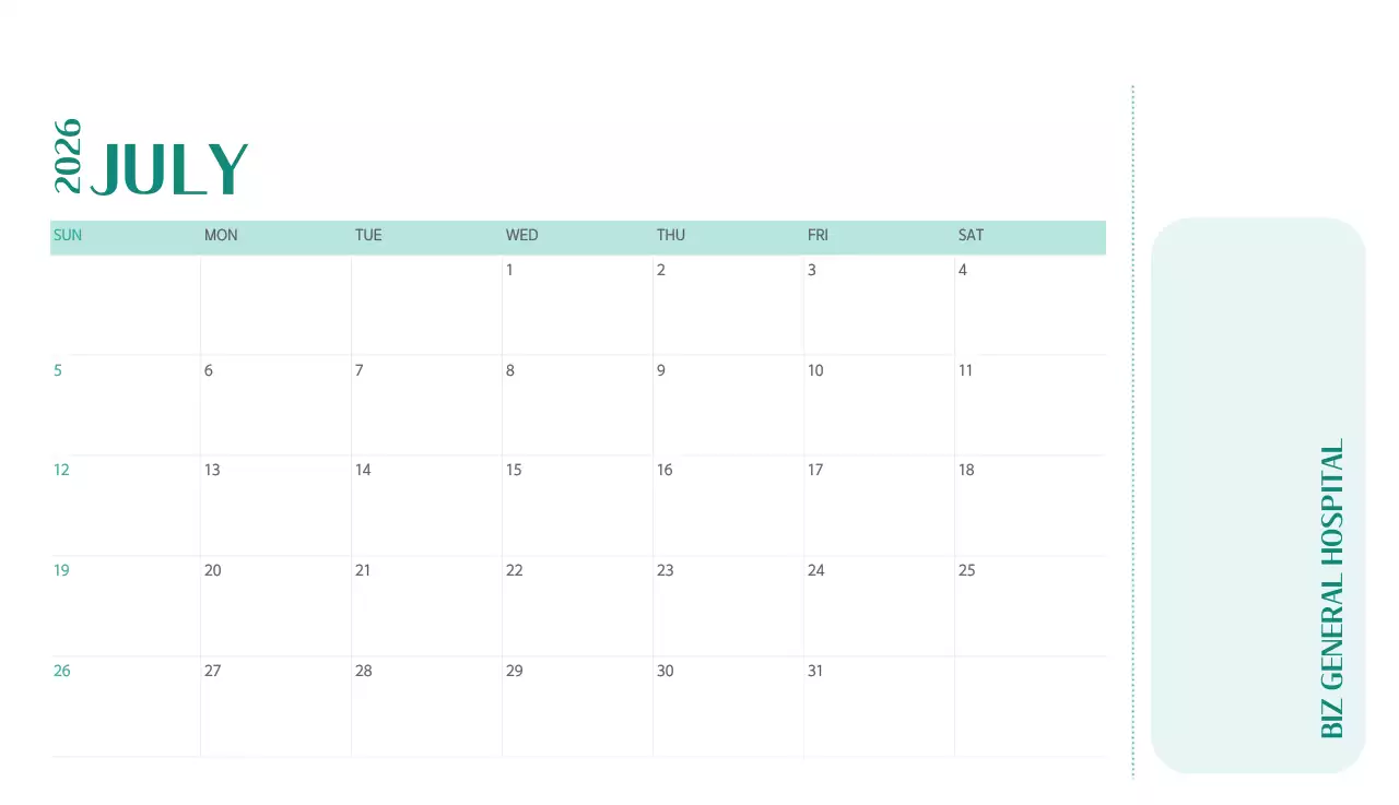 깔끔하고 알록달록한 컨셉의 병원 달력