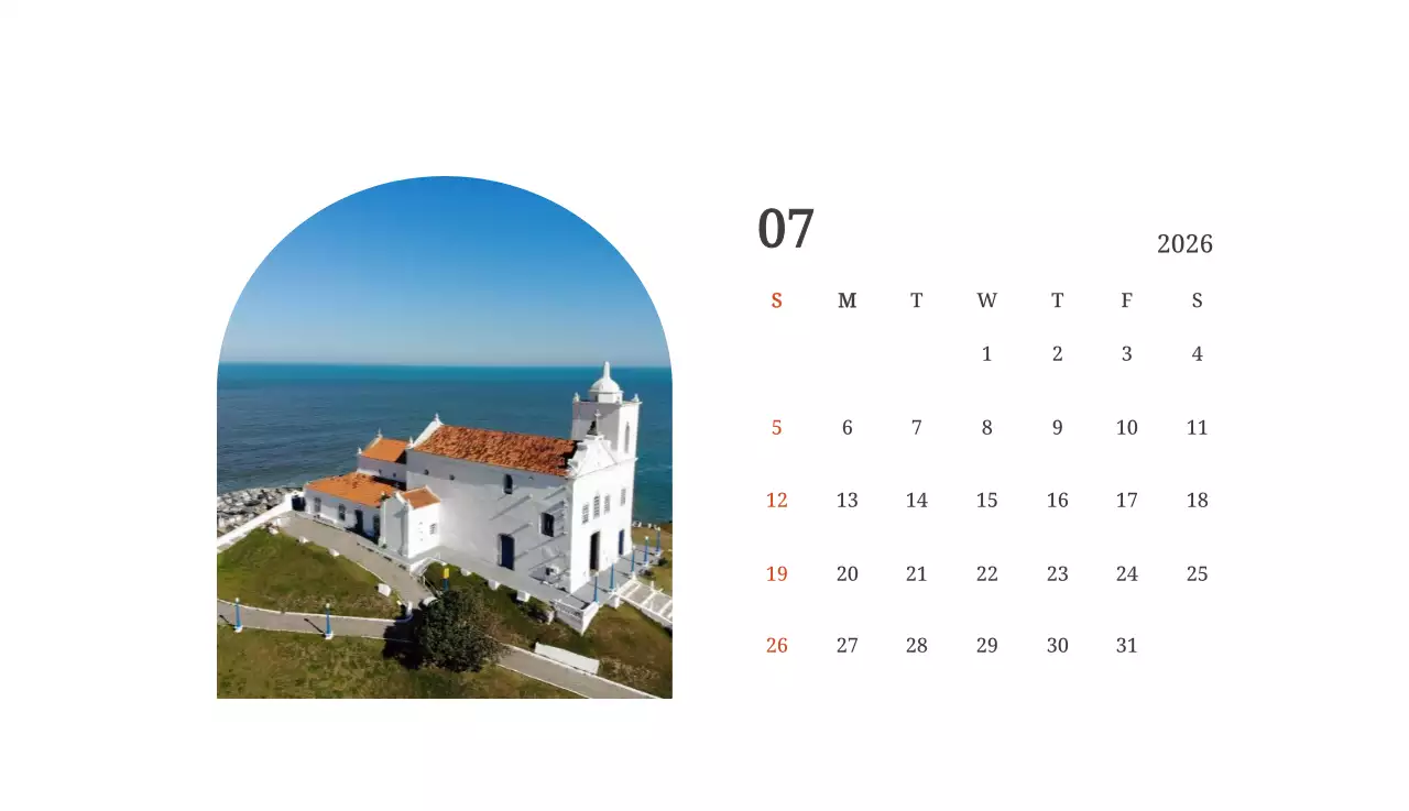 풍경 속 교회가 돋보이는 사진들로 이루어진 달력