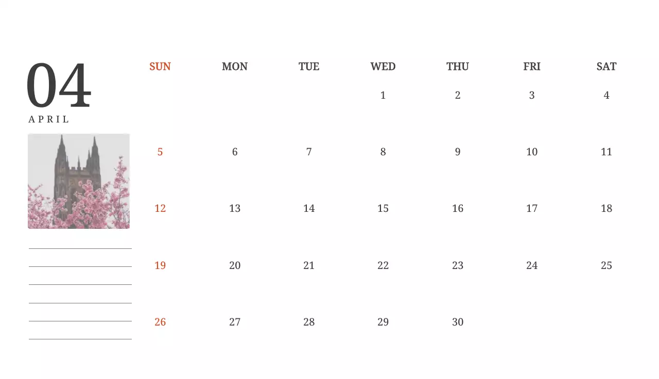 풍경 속 교회가 돋보이는 사진들로 이루어진 달력