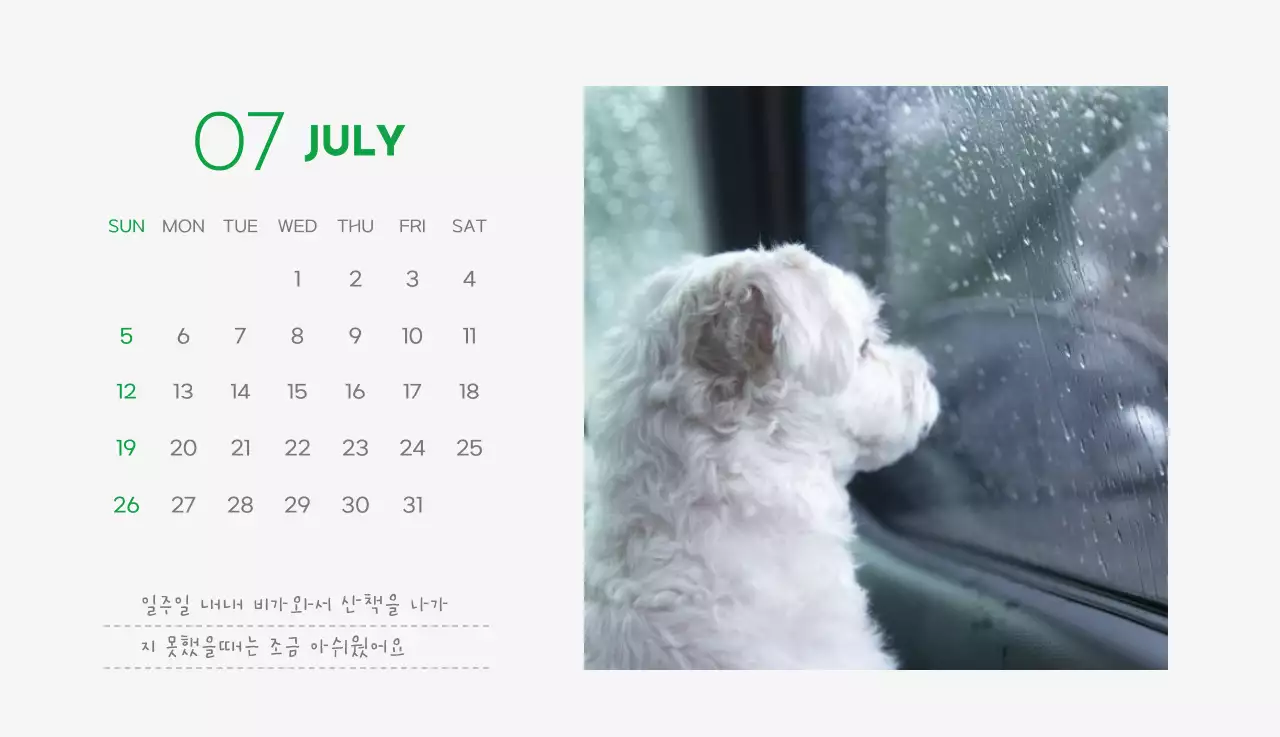 초록색 포인트 컬러에 강아지 사진과 귀여운 메시지가 있는 달력
