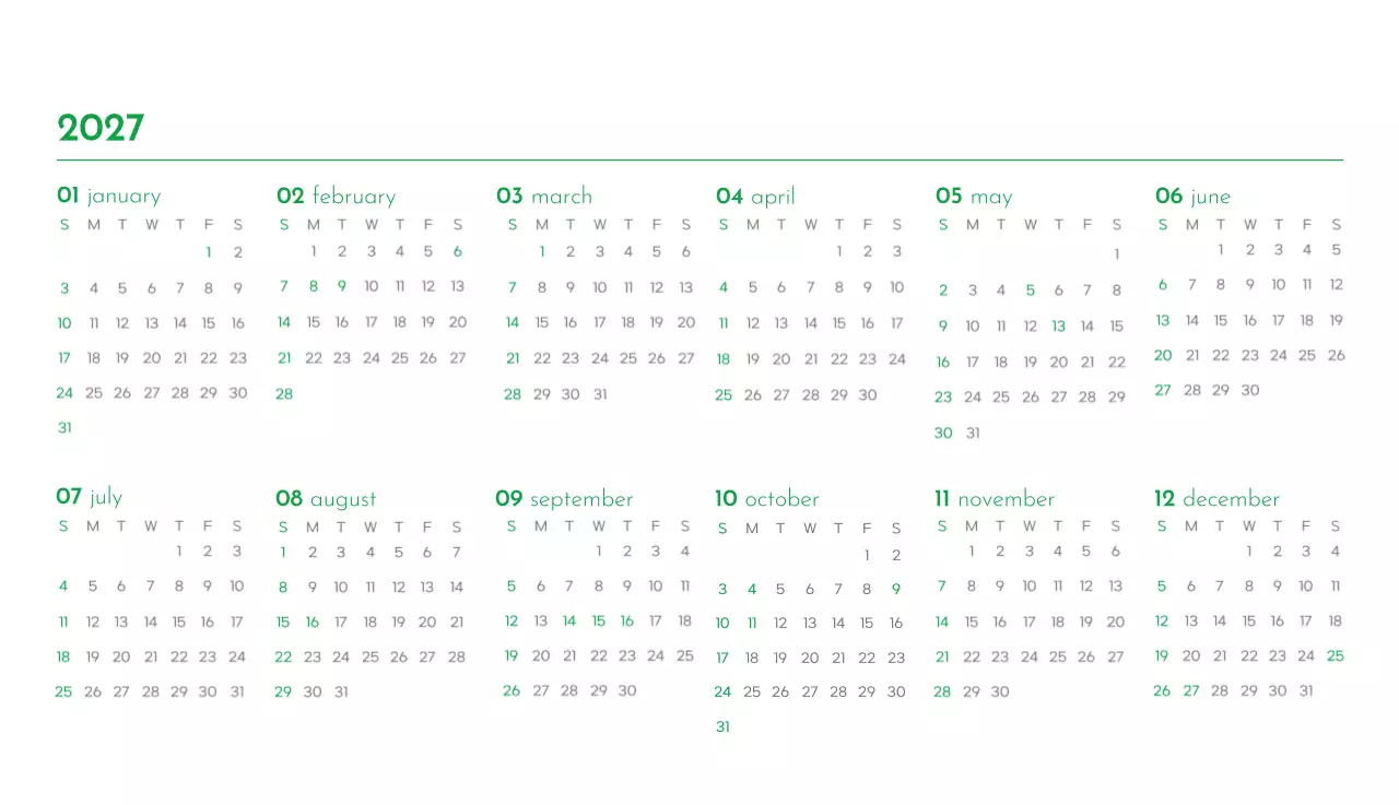 초록색 포인트 컬러에 강아지 사진과 귀여운 메시지가 있는 달력