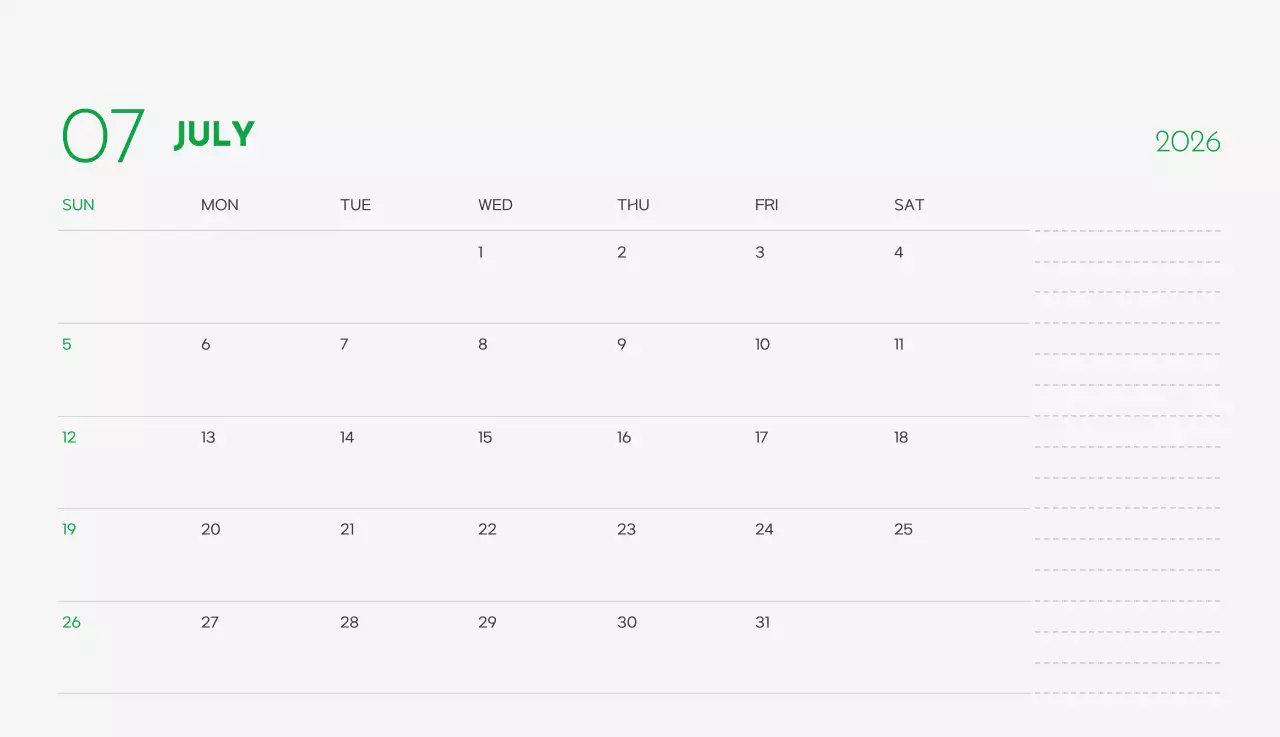초록색 포인트 컬러에 강아지 사진과 귀여운 메시지가 있는 달력