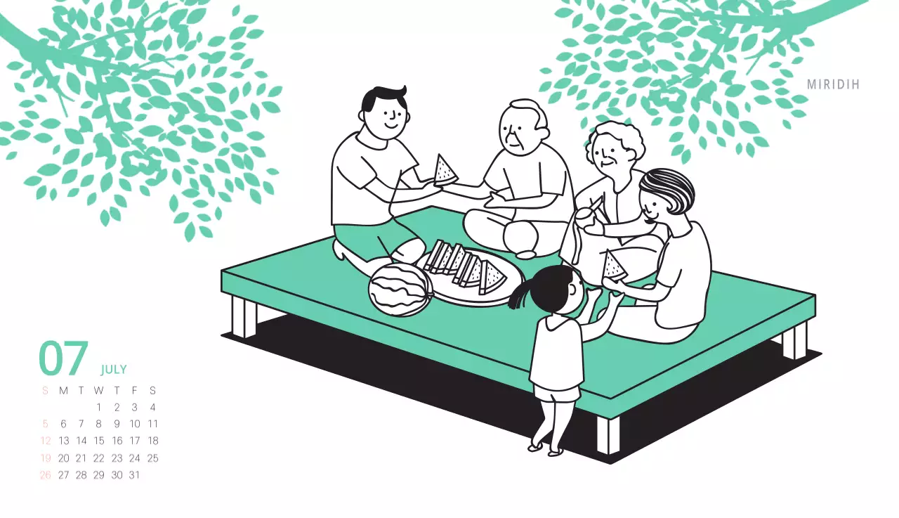 귀여운 일러스트 초록색 가족테마 탁상달력