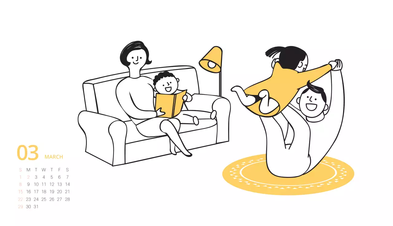 귀여운 일러스트 초록색 가족테마 탁상달력