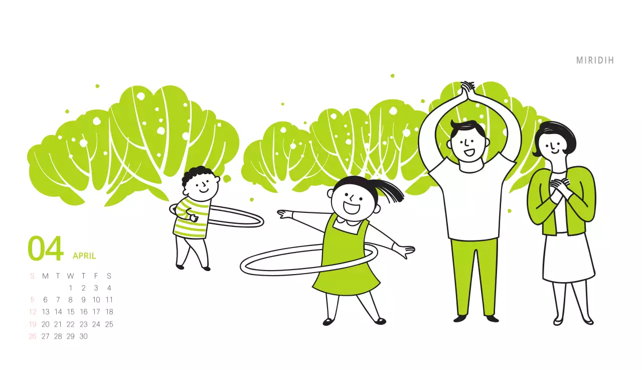 귀여운 일러스트 초록색 가족테마 탁상달력