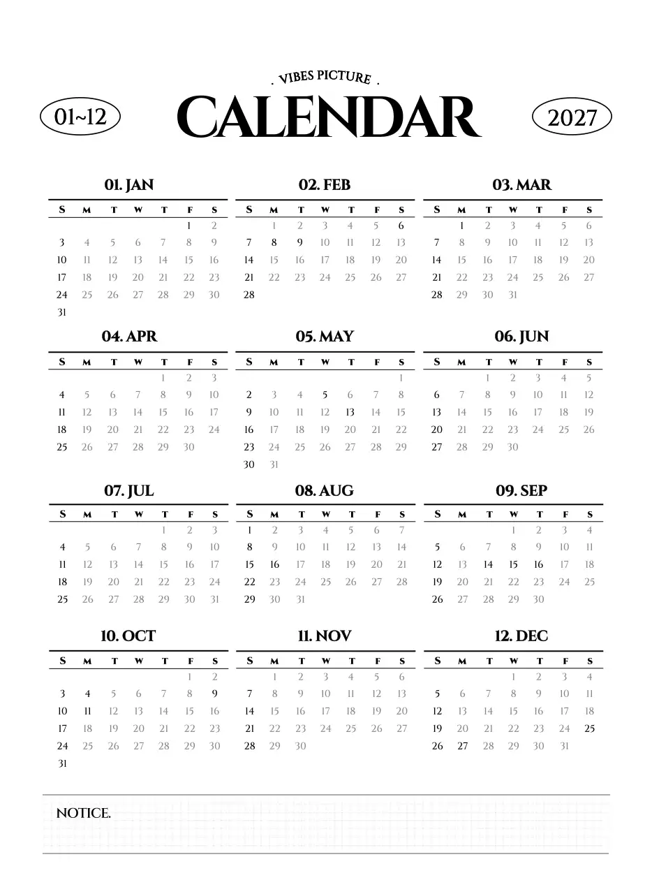 흑백 감성적인 여행 사진 컨셉의 심플한 스타일 벽걸이 달력