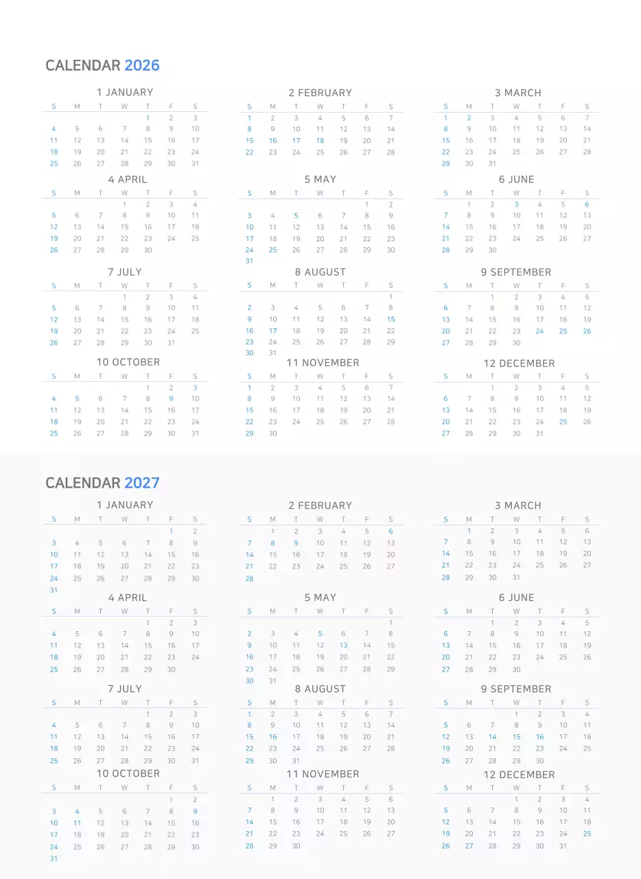 파란색과 하얀색의 심플한 비즈니스 컨셉 벽걸이 달력