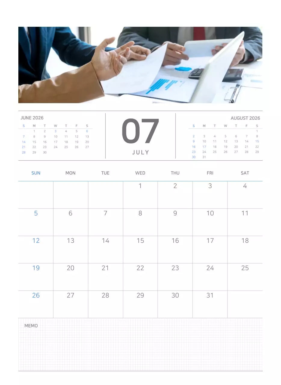 파란색과 하얀색의 심플한 비즈니스 컨셉 벽걸이 달력