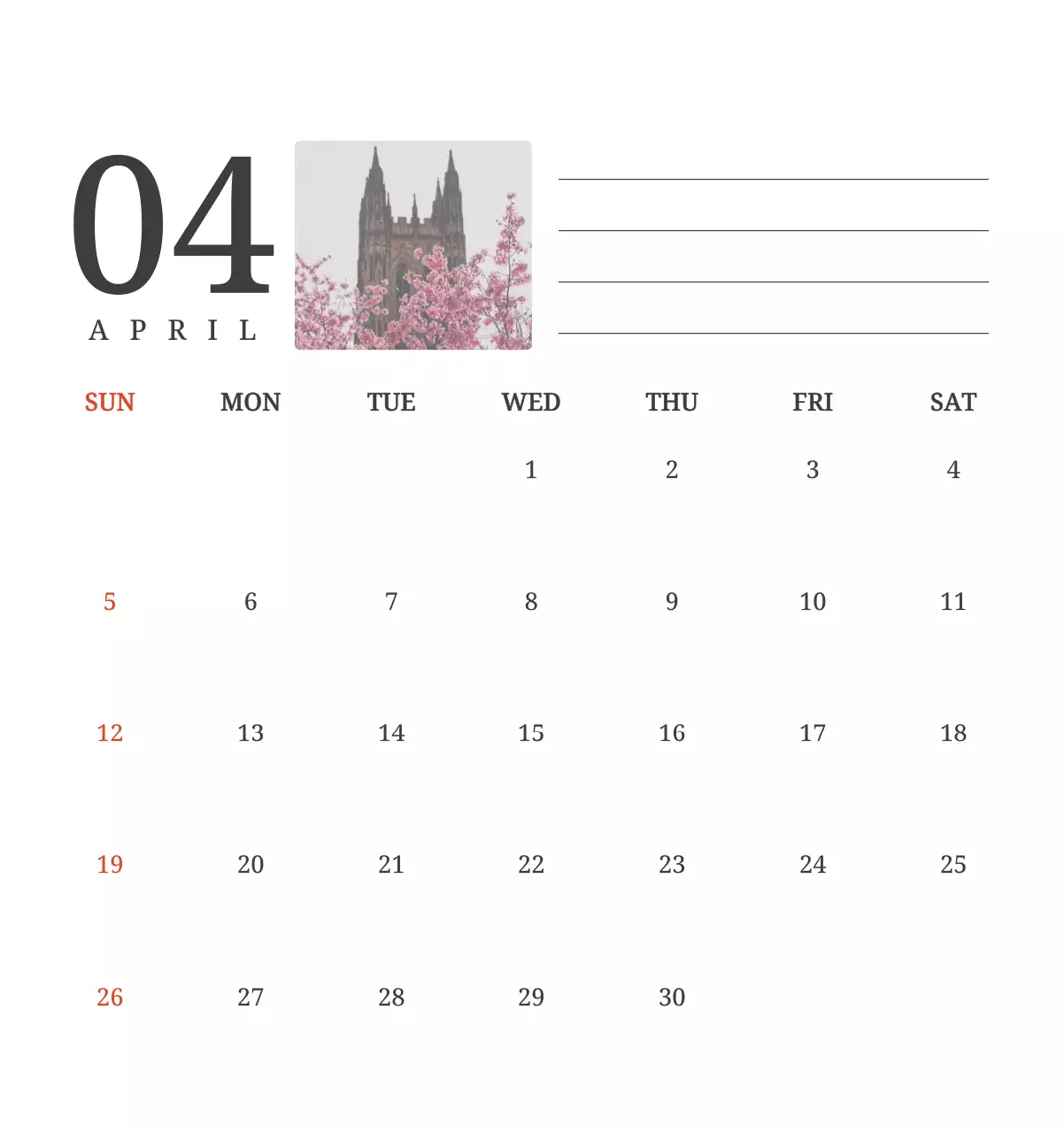 풍경 속 교회가 돋보이는 사진들로 이루어진 달력