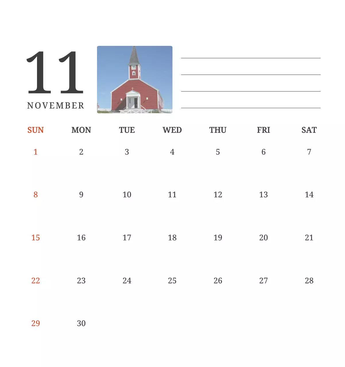 풍경 속 교회가 돋보이는 사진들로 이루어진 달력