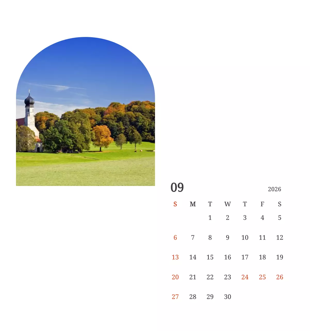 풍경 속 교회가 돋보이는 사진들로 이루어진 달력