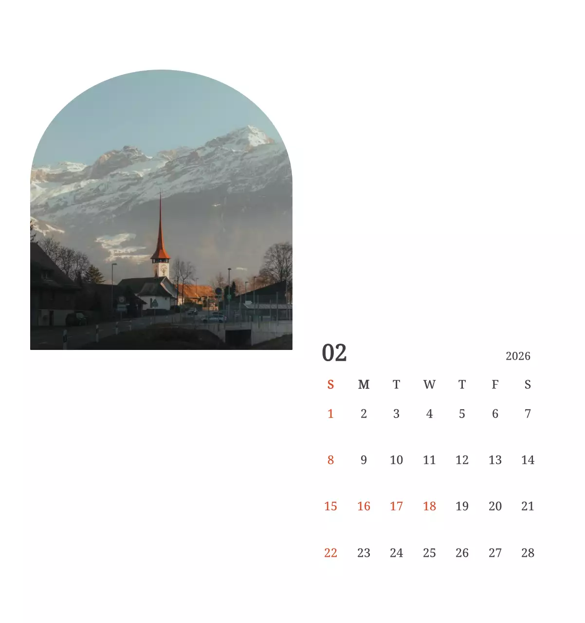 풍경 속 교회가 돋보이는 사진들로 이루어진 달력