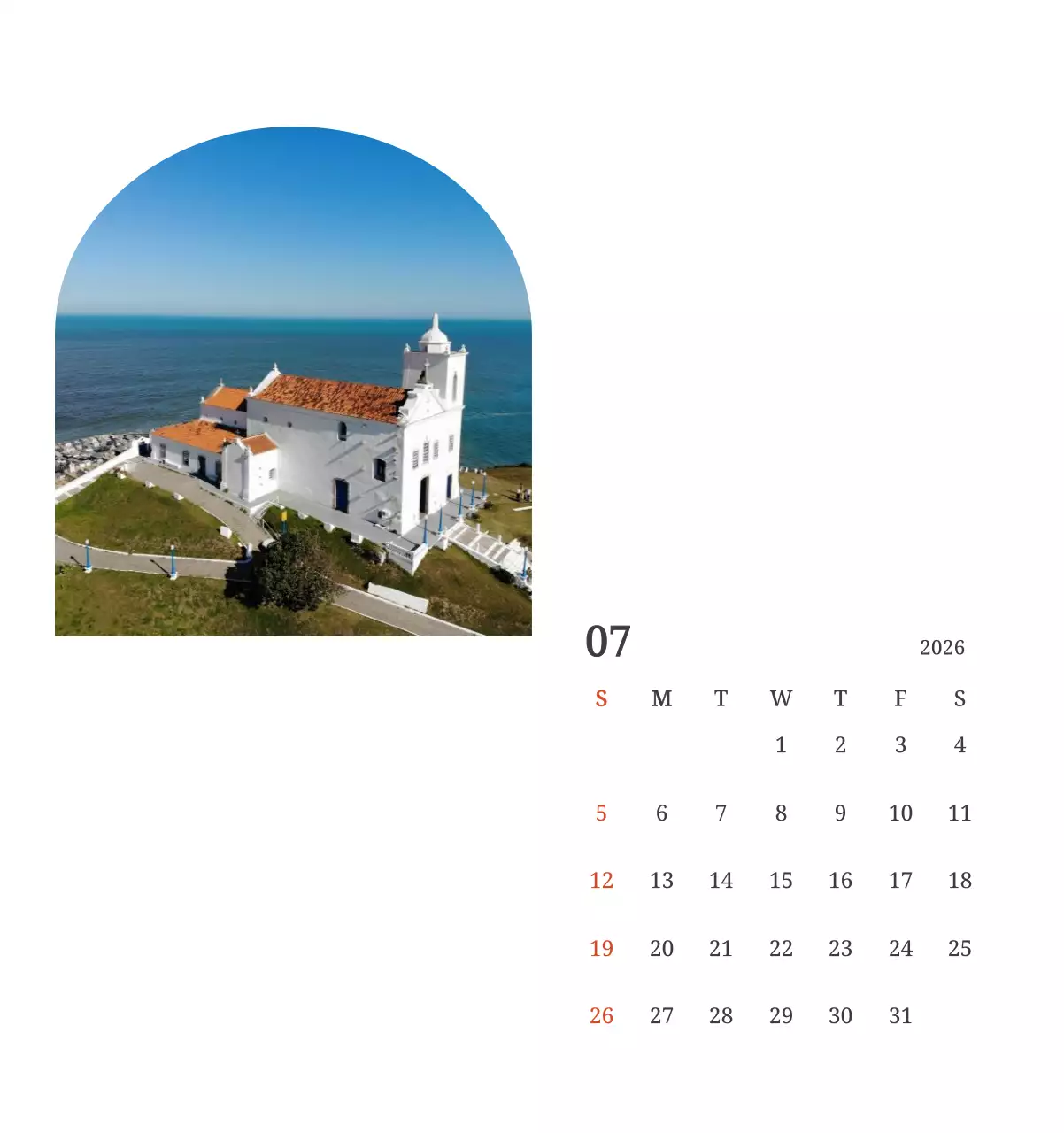 풍경 속 교회가 돋보이는 사진들로 이루어진 달력