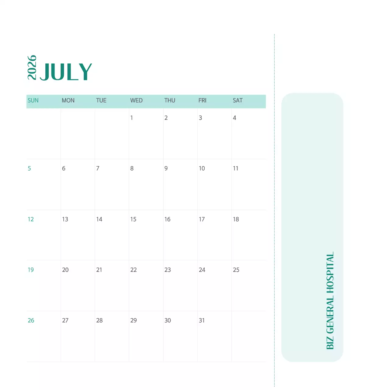 깔끔하고 알록달록한 컨셉의 병원 달력