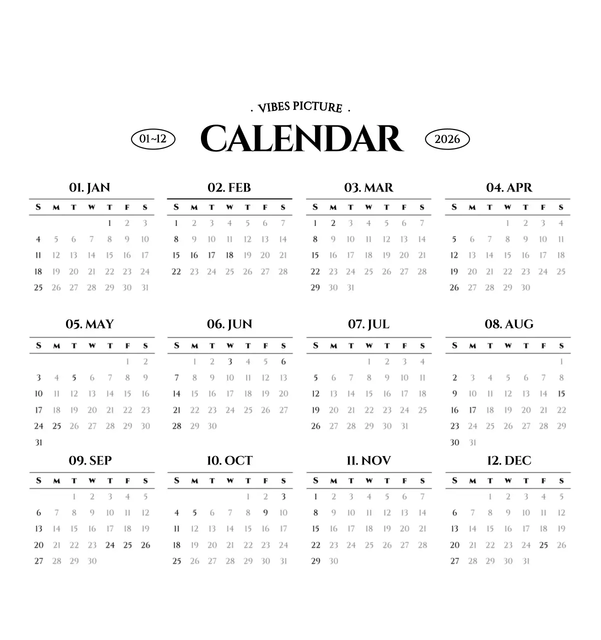 흑백 감성적인 여행 사진 컨셉의 심플한 스타일 벽걸이 달력