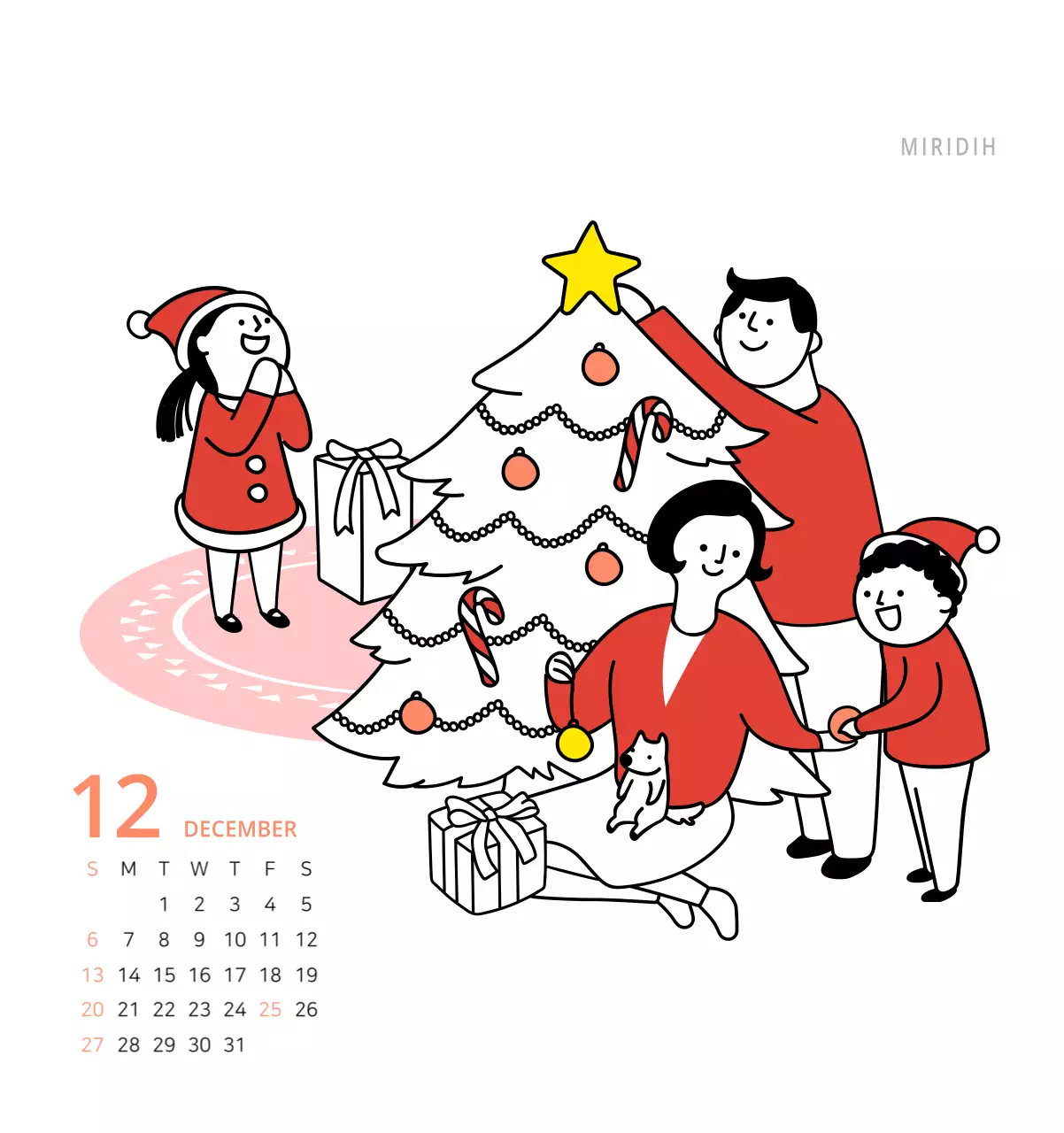 귀여운 일러스트 초록색 가족테마 탁상달력