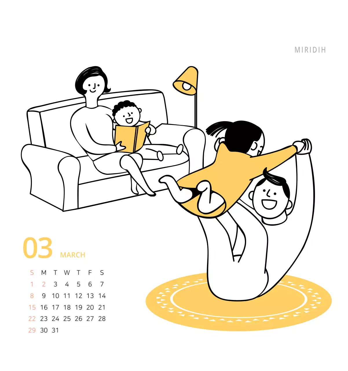 귀여운 일러스트 초록색 가족테마 탁상달력